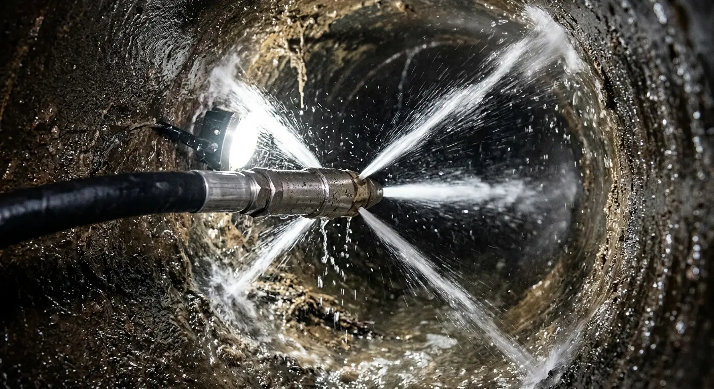 High-pressure hydro jetting nozzle cleaning sewer pipe for Emergency Drain Service in Islamorada, Village of Islands