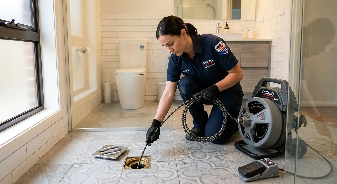 Technician clearing a bathroom floor drain for Clogged Drain Repair in Islamorada, Village of Islands